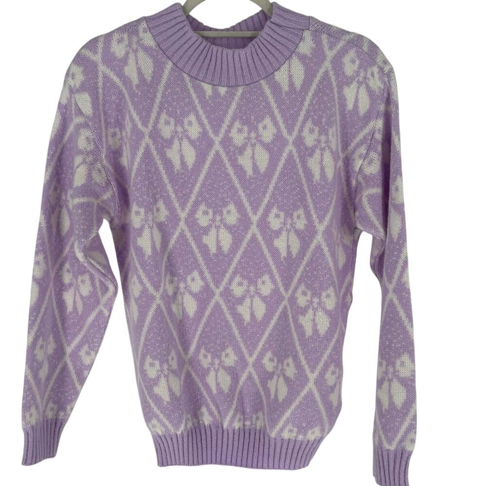 Vintage 90s Spunky Purple Bow All Over Knit Sweater Womens Size M, USA Made